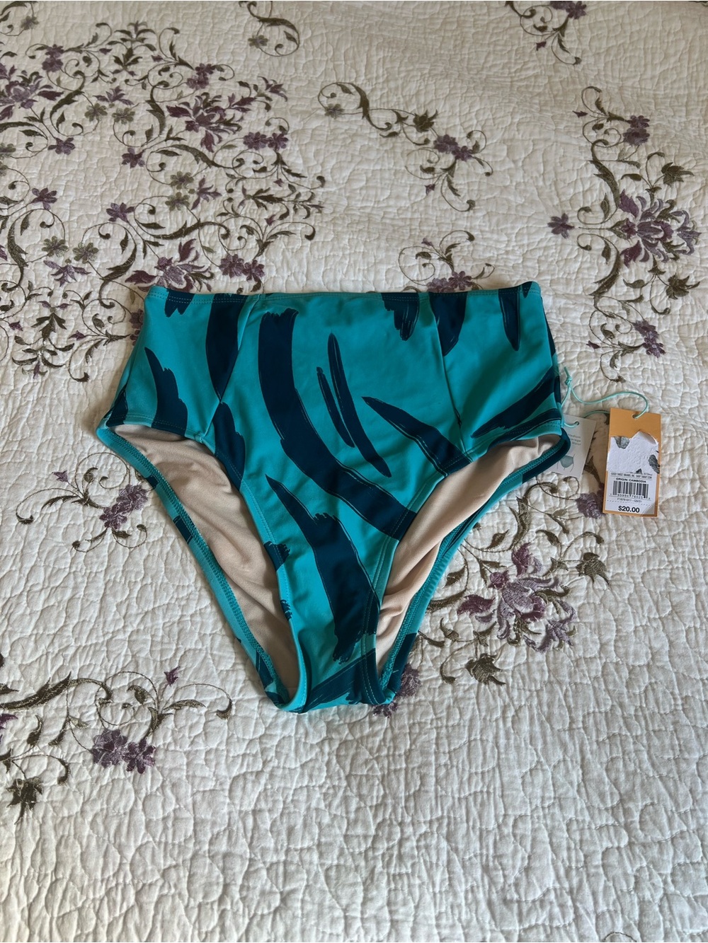 Kona Sol High-Waisted Abstract Blue Teal Swim Bottom Women's Size M